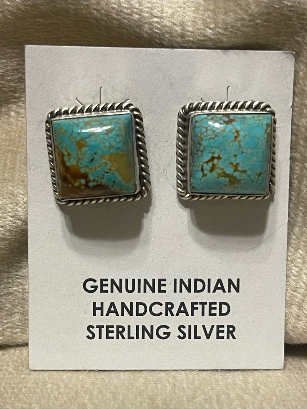 Genuine Native Sterling Silver Kingman Turquoise Square Stud Earrings Stamped “J
